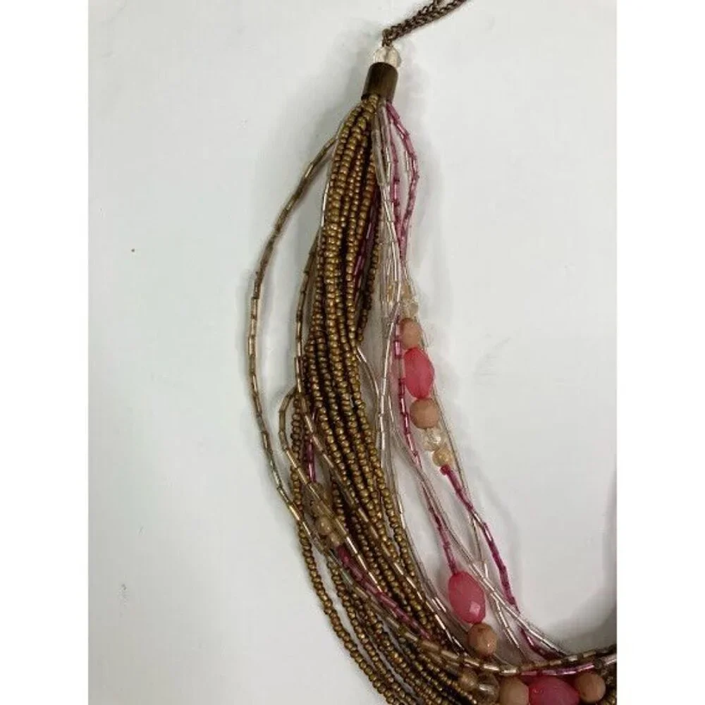 Beaded Necklace Multi Strand Twisted Seed Bead‎ Pink Clear Gold Tone Statement